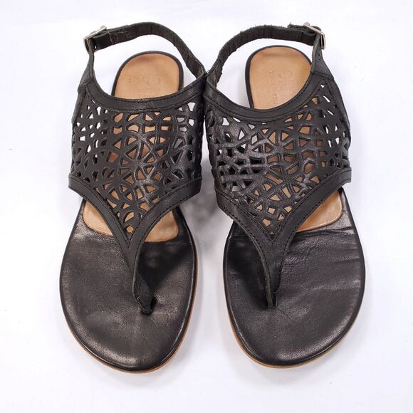 GMD Buckle Strap Leather Casual Sandals Womens Size 9.5 40 Black Beige - Picture 2 of 9